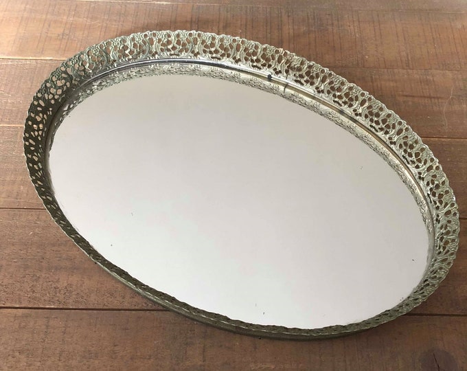 Vintage Oval Mirror Tray Gold Tone Filigree Vintage Mirror Etsy