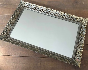Vintage Gold Tone Filigree Rectangle Mirror Tray, Purple Velvet Lining