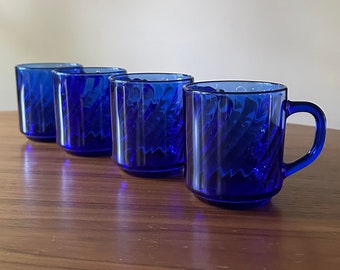 Arcoroc France Blue Glass Mugs, Set of 4, Vintage Glass, Kitchen Display, 1970s, Blue Glass Mugs, Swirl, Glass Coffee Mugs, French Glass