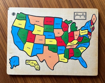 Wooden State Puzzle, Map of the United States, Wooden United States Map, Vintage United States Map Puzzle, States and Capitals