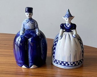 Vintage Dutch Boy and Dutch Girl Bells, Delft Bells, Holland, Delft, Vintage Home Decor, Delft, Dutch Decor, Wooden Shoes, Blue and White