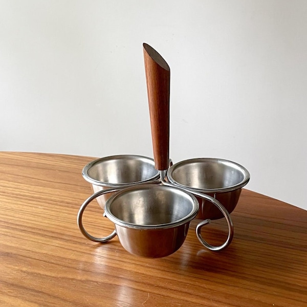 MCM Vintage Condiment Caddy, Three Cups, Vintage Caddy for Condiments, Toppings, Cocktail Garnishes, Metal, Wood, Retro Kitchen, MCM Serving