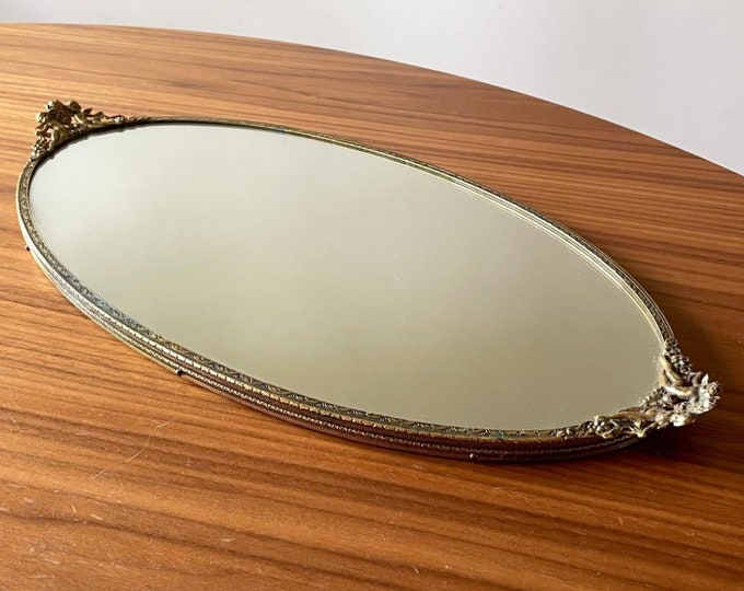 Large Vintage Oval Mirror Tray With Cherubs Gold Tone Etsy