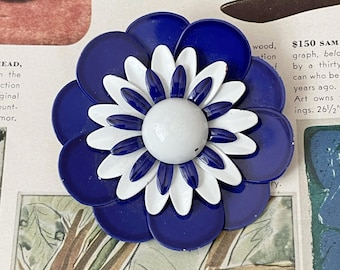 1950's Enameled Flower Brooch, Blue Flower, Metal Flower, Metal Flower Pin, Floral Brooch, Flower Pin, Vintage Flower Pin