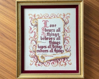 Vintage Hand Embroidery Stitched and Cross Stitch Bible Verse On Linen Fabric Framed, Vintage Bible Verse, Christian Art, Wedding Gift