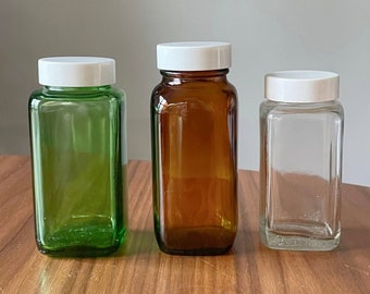 Vintage Apothecary Jars, Set of Three with Lids: Green, Brown, and Clear, Vintage Green Glass, Vintage Brown Glass, Vintage Glass, Duraglas