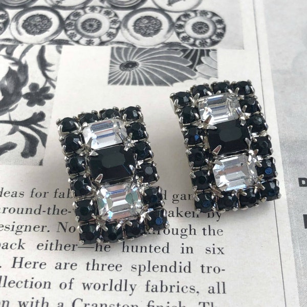 Weiss Crystal Clip-on Earrings, Vintage Clip-on Earrings, Black and Silver, Geometric,  Weiss Earrings, Clip-on, Vintage Earrings, Weiss