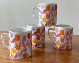 Vintage Floral Porcelain Mugs, Set of Four, Floral Mugs, Tulip Mugs, Vintage Mugs, Floral Kitchen, Flower Coffee Cups, Flowers