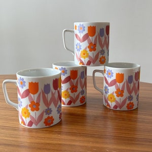 Vintage Floral Porcelain Mugs, Set of Four, Floral Mugs, Tulip Mugs, Vintage Mugs, Floral Kitchen, Flower Coffee Cups, Flowers