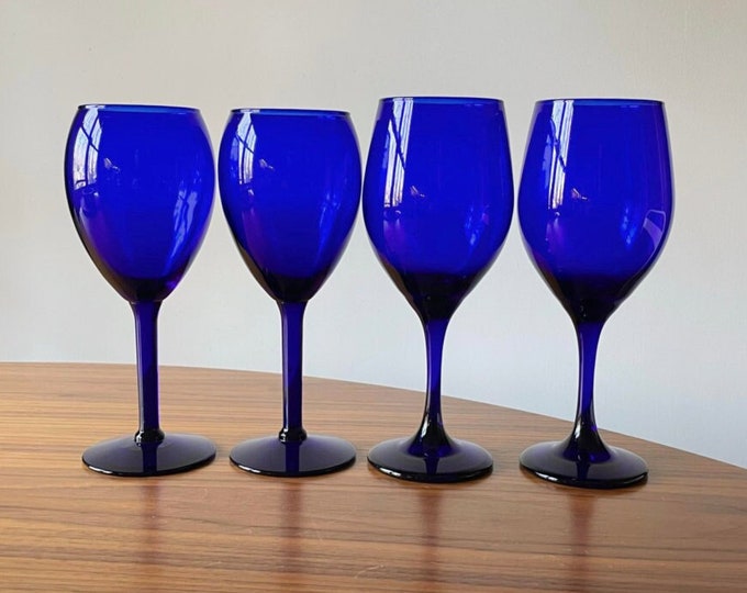 Vintage Cobalt Blue Glass Wine Glasses, Set of Four two Styles, Cobalt