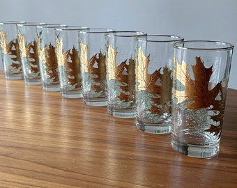 Vintage Libbey Oak Tree Glasses, Set of Eight, Mid Century, Libbey Glasses, Gold, Eight Libbey, Amber Libbey Glasses, Autumn Tree, Golf Leaf