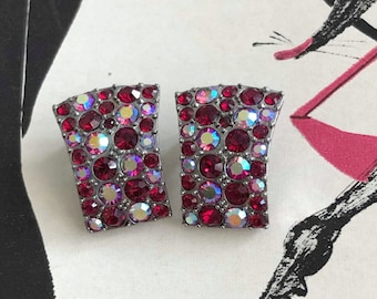 Vintage Red Pink Rhinestone Earrings, AB Crystal Detail