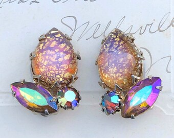Vintage Coro AB Crystal Clip-on Earrings, Multicolor Autumn Jewelry