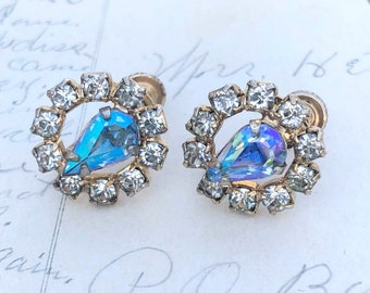 Blue Crystal Screw Back Earrings, Vintage Screw Back Earrings, Snowflake, Flower, Silver Tone, Rainbow Crystals, Clip-on, Vintage Earrings