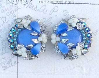 Blue Flower Clip-on Earrings, Vintage Beaded Earrings, Vintage Earrings, Something Blue, Bridal Earrings, Offbeat Bride, Floral Earrings