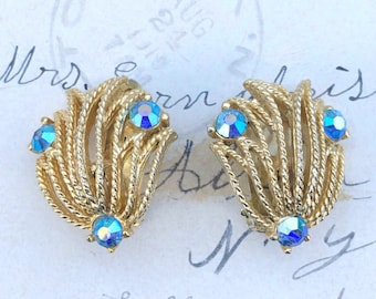 Gold and AB Crystal Blue Crystal Clip-on Earrings, Clip-ons, Vintage Earrings, Bridal Earrings, Rhinestone Earrings, Rhinestones, Gold