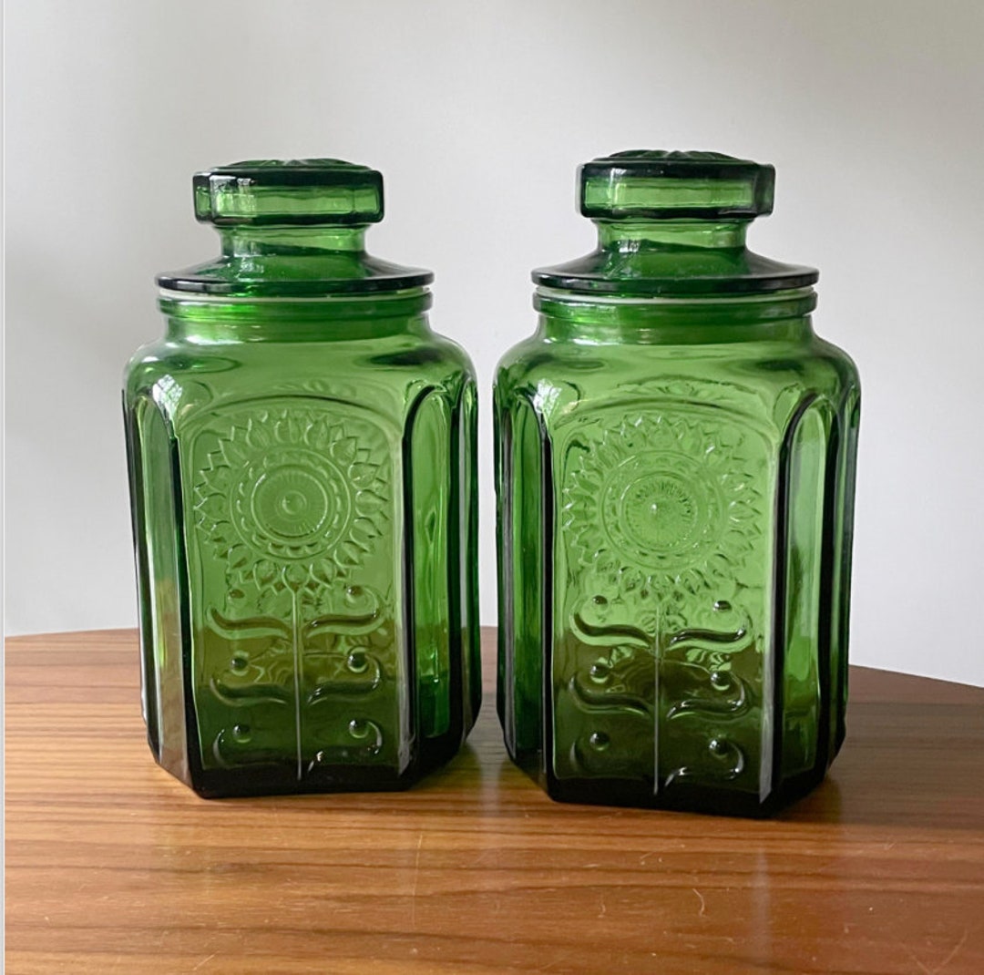Vintage Wheaton NJ Emerald Green Glass Sunflower Canisters Etsy