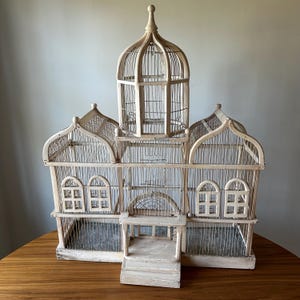 Vintage French Victorian Revival Sculptural Wire & Wood Pavilion Style Birdcage