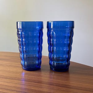 Vintage Blue “Beehive” Tumbler Glasses, Set of Two, Vintage Blue Glass