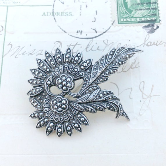 Vintage Marcasite Brooch, Made in West Germany, Feath… Gem