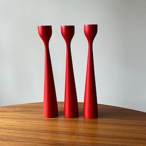Vintage Red Mod Candle Holders, Set of Three, Made in Denmark, MCM, Mid-Century Candle Holders, Brass Candlestick, Red