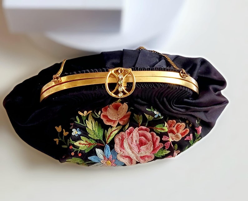 1930s Black Floral Embroidered Handbag, Late 1930s/Early 1940s, Purse, Floral Purse, Vintage Fashion, Sleek Black Purse image 4