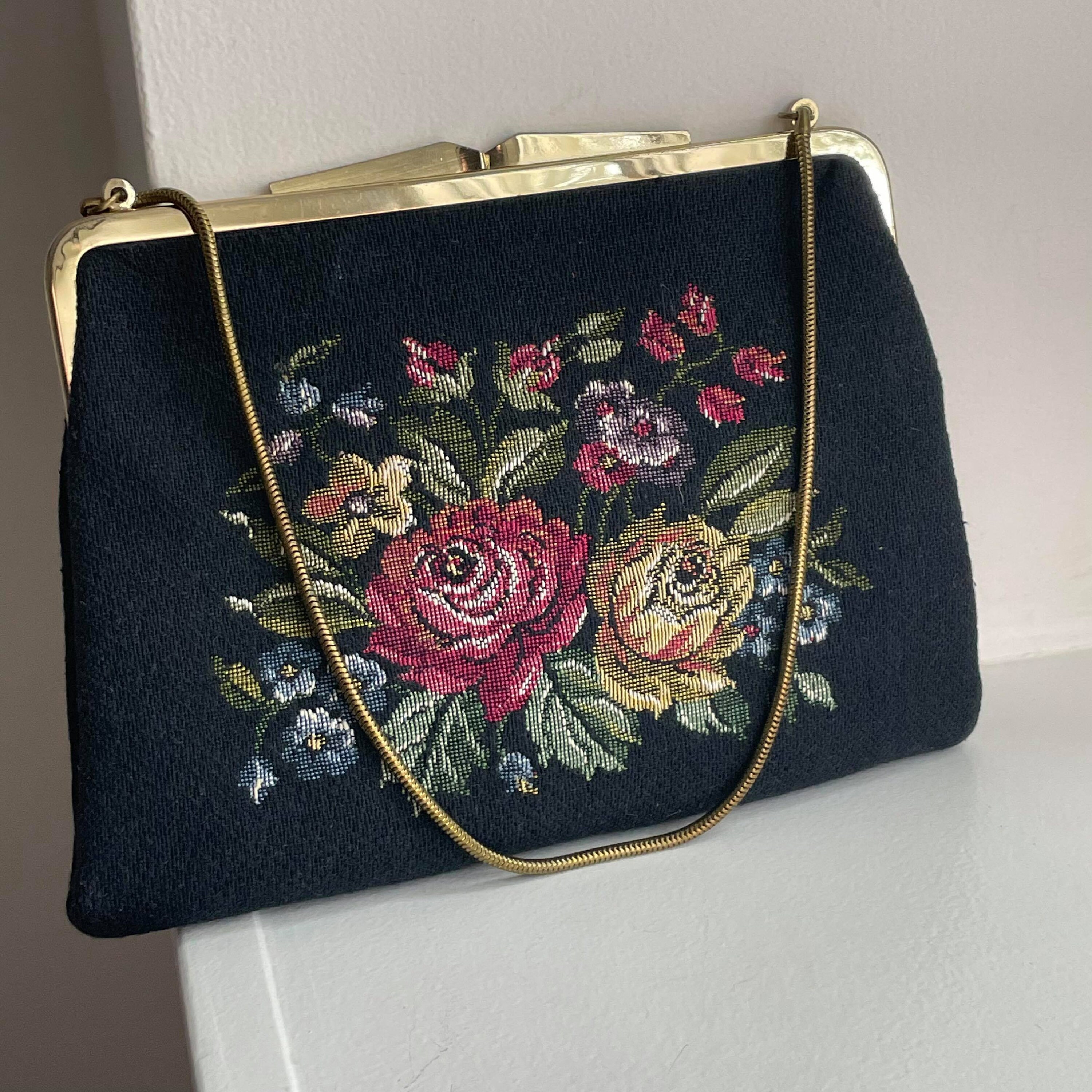 1930s/1940s Blue Tapestry Swan Floral Ornate Frame Art Deco Purse Handbag —  Canned Ham Vintage