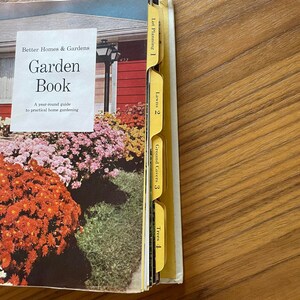 May include: A Better Homes & Gardens Garden Book with yellow index tabs labeled "Lot Planning 1", "Lawns 2", "Ground Covers 3", and "Trees 4". The book cover features a photo of a red house with a lush garden.