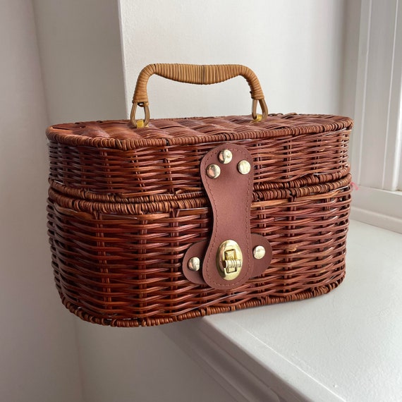 Vintage Wicker Handbag with Gingham Interior, Vin… - image 8