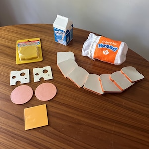 Fisher Price Bread Slices, Milk, and Bologna & Cheese, Vintage Fisher Price Toy, 1986, Toy Food, Pretend Play, Fisher Price, Vintage Food