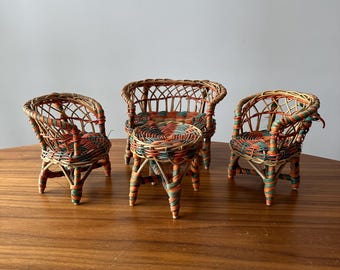Doll Furniture Rattan Wicker Boho Set - Chair Stool Loveseat Doll, Bear Plant 5"