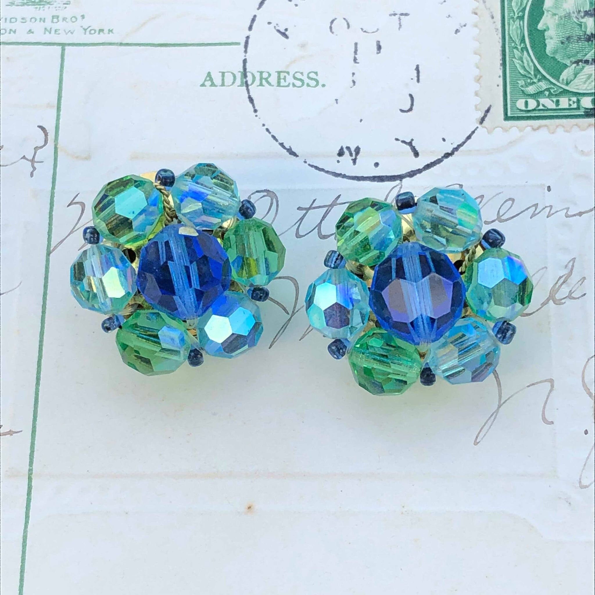 Blue and Green Clipon Earrings Vintage Beaded Earrings Etsy