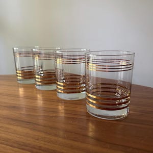 Vintage Mid-Century Gold Ring Lowball Tumbler Glasses, Set of Four, Gold Lowball Cocktail Glasses, Vintage Barware