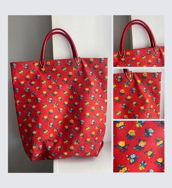 Vintage Red Floral Shopper Tote, Vintage Tote, Flo