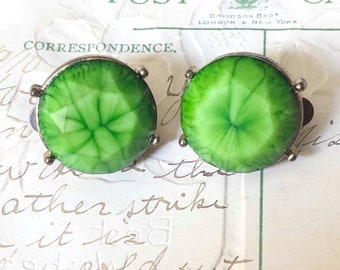 Green "Swirl" Clip-on Earrings, Tie Dye Earrings, Green Earrings, Green Ombre Earrings, Vintage Earrings, Vintage Green Earrings, Green