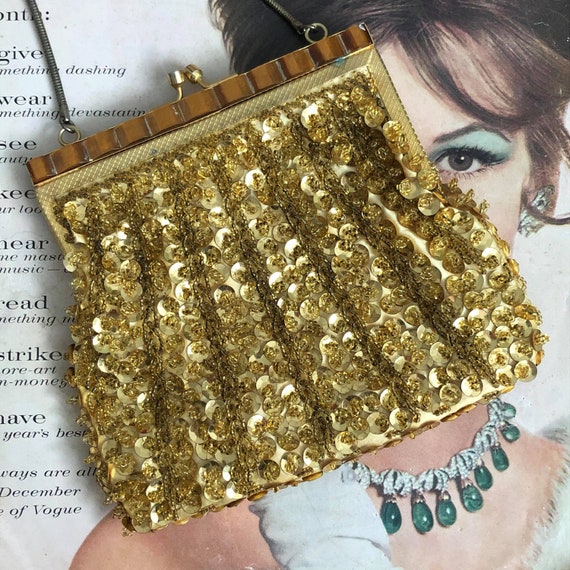 Gold Beaded Sequin Purse, Vintage Beaded Purse, V… - image 1