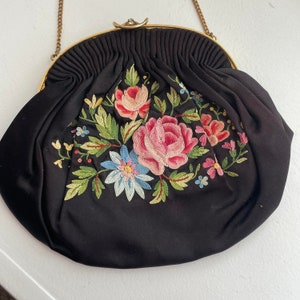 1930s Black Floral Embroidered Handbag, Late 1930s/Early 1940s, Purse, Floral Purse, Vintage Fashion, Sleek Black Purse image 6