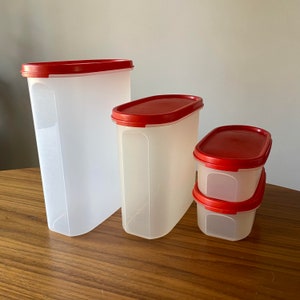 May include: Four plastic storage containers with red lids. The containers are oval shaped and are arranged in a row from largest to smallest.