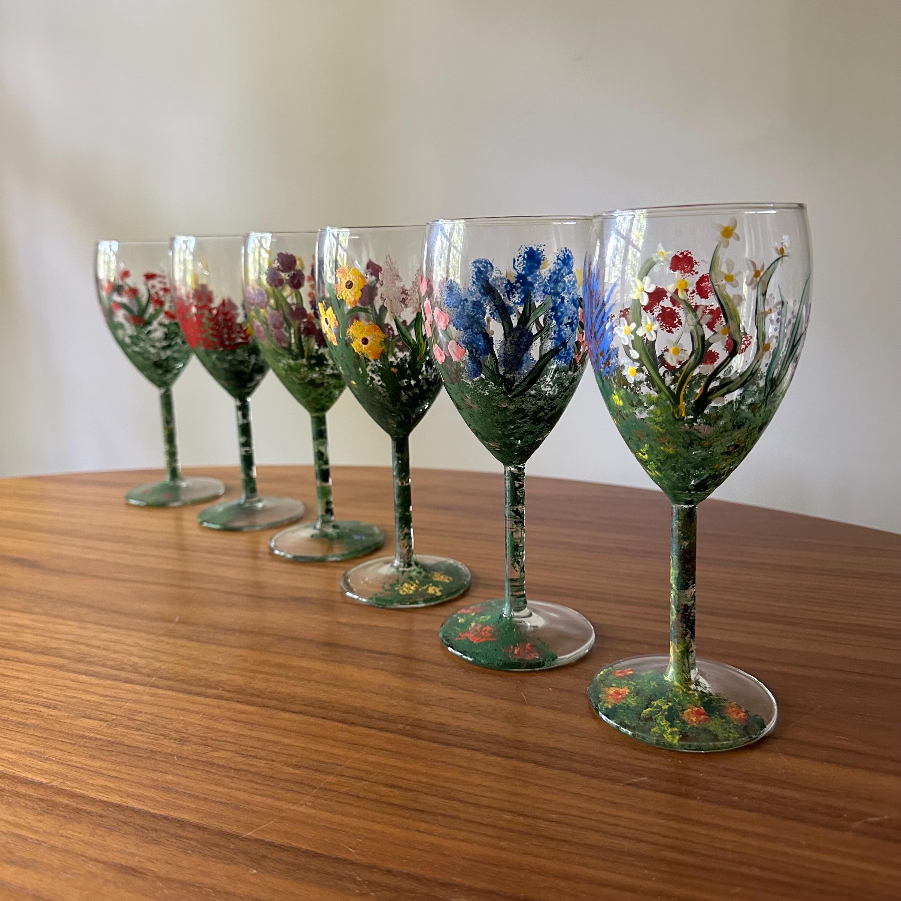 Vintage Hand-painted Wildflower Wine Glasses, Set of Six, Floral
