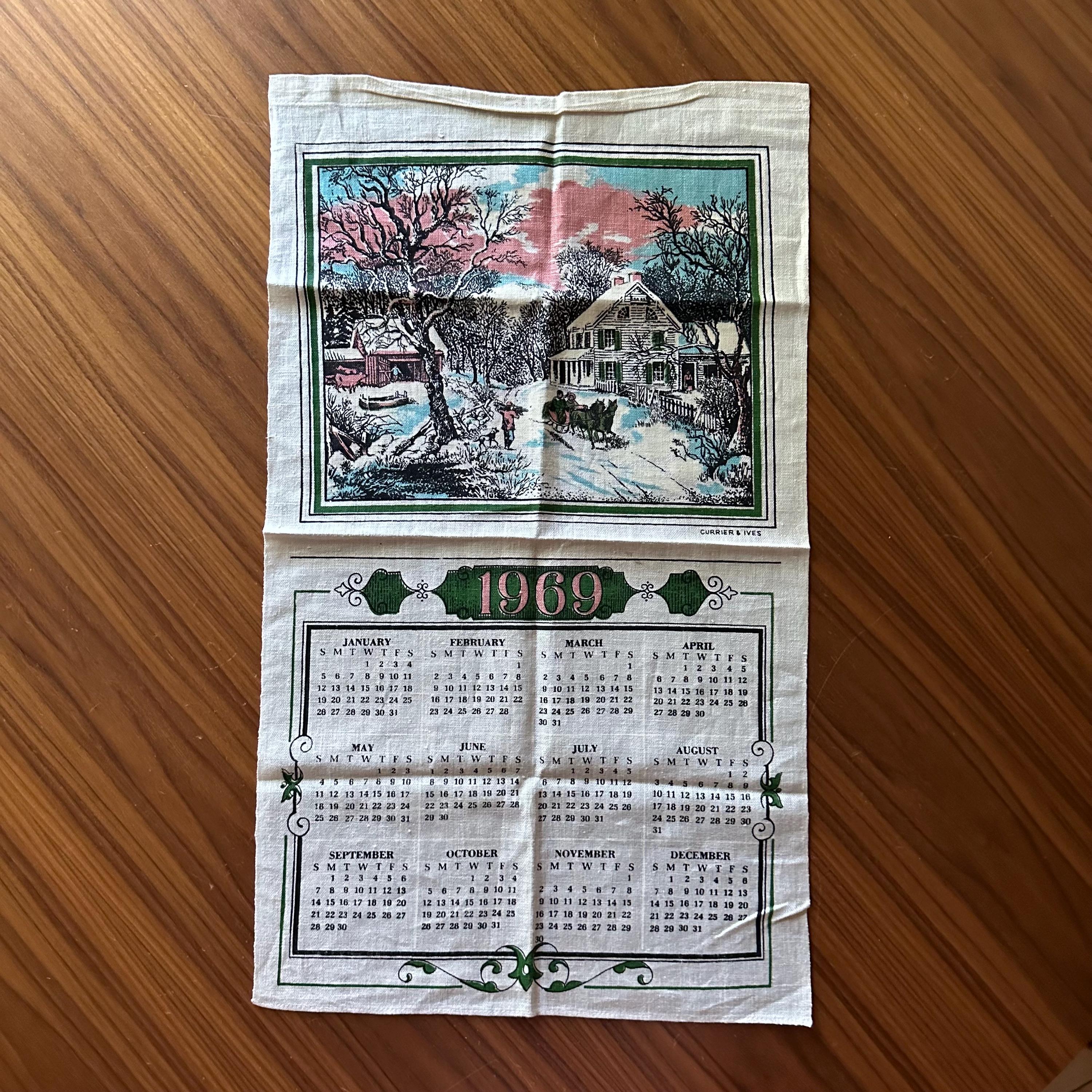 🧺 Rare Torchon Vintage Décor Marine - Calendrier 1969 - 100% Coton