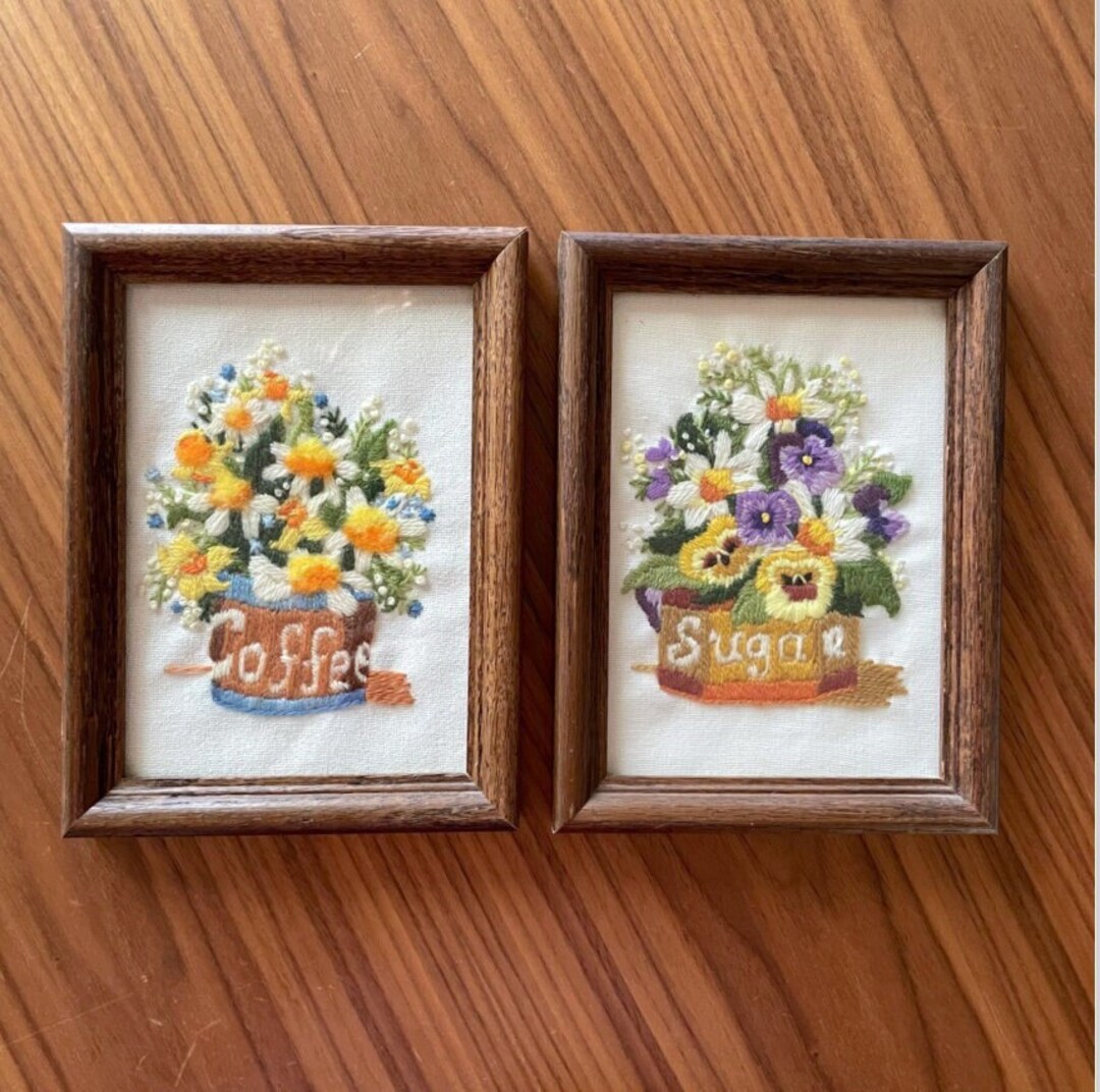 Vintage Crewel COFFEE and SUGAR Wall Art, Vintage Crewel, Floral Crewel