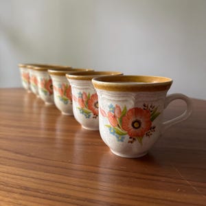 Mid Century MIKASA Garden Club: Peach Petals, Coffee Mugs, Set of Six, Bright Floral, Discontinued
