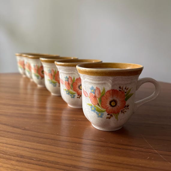 Mid Century MIKASA Garden Club: Peach Petals, Coffee Mugs, Set of