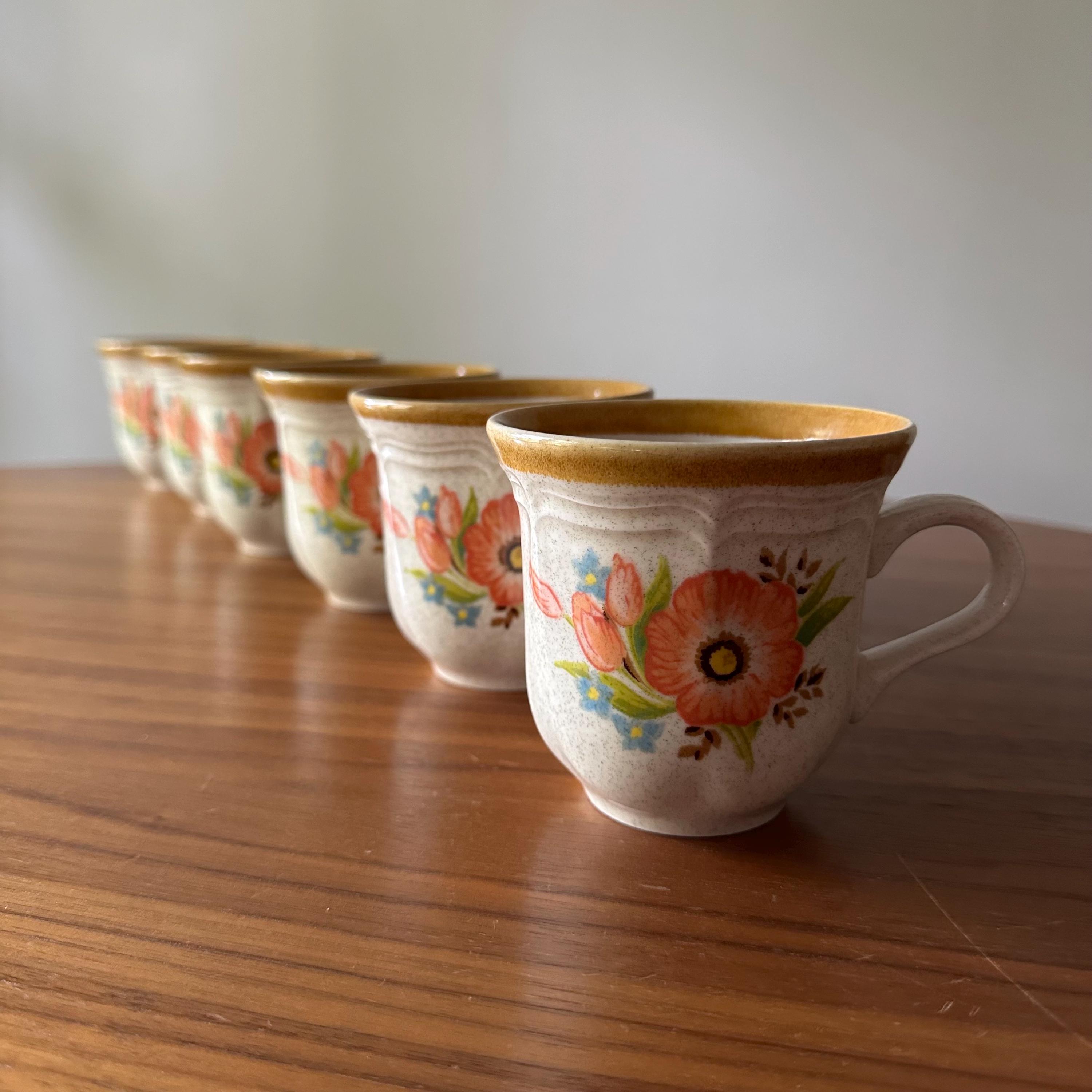 Mid Century MIKASA Garden Club: Peach Petals, Coffee Mugs, Set of