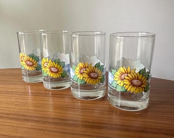 RARE Corelle/Libbey Sunflower Floral Juice Glasses, Sunsations, Set of Four, Crisa Signed, Sunflower Glassware, Vintage Juice Glasses,