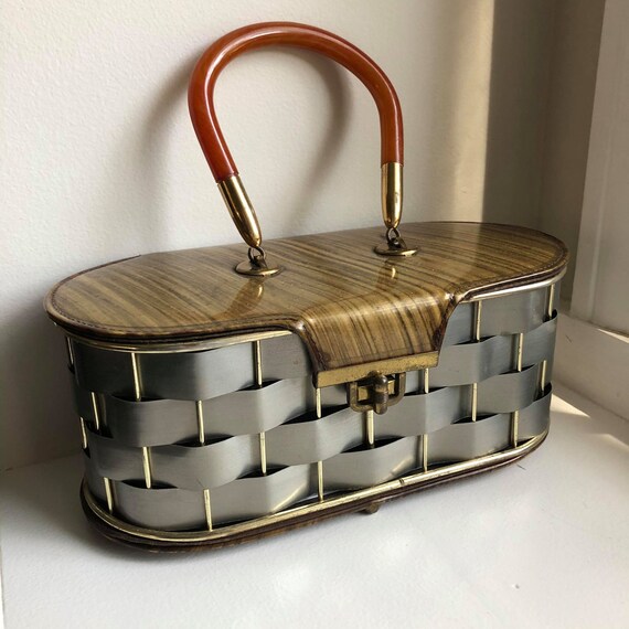 Vintage Woven Metal Basket Purse with Bakelite Han