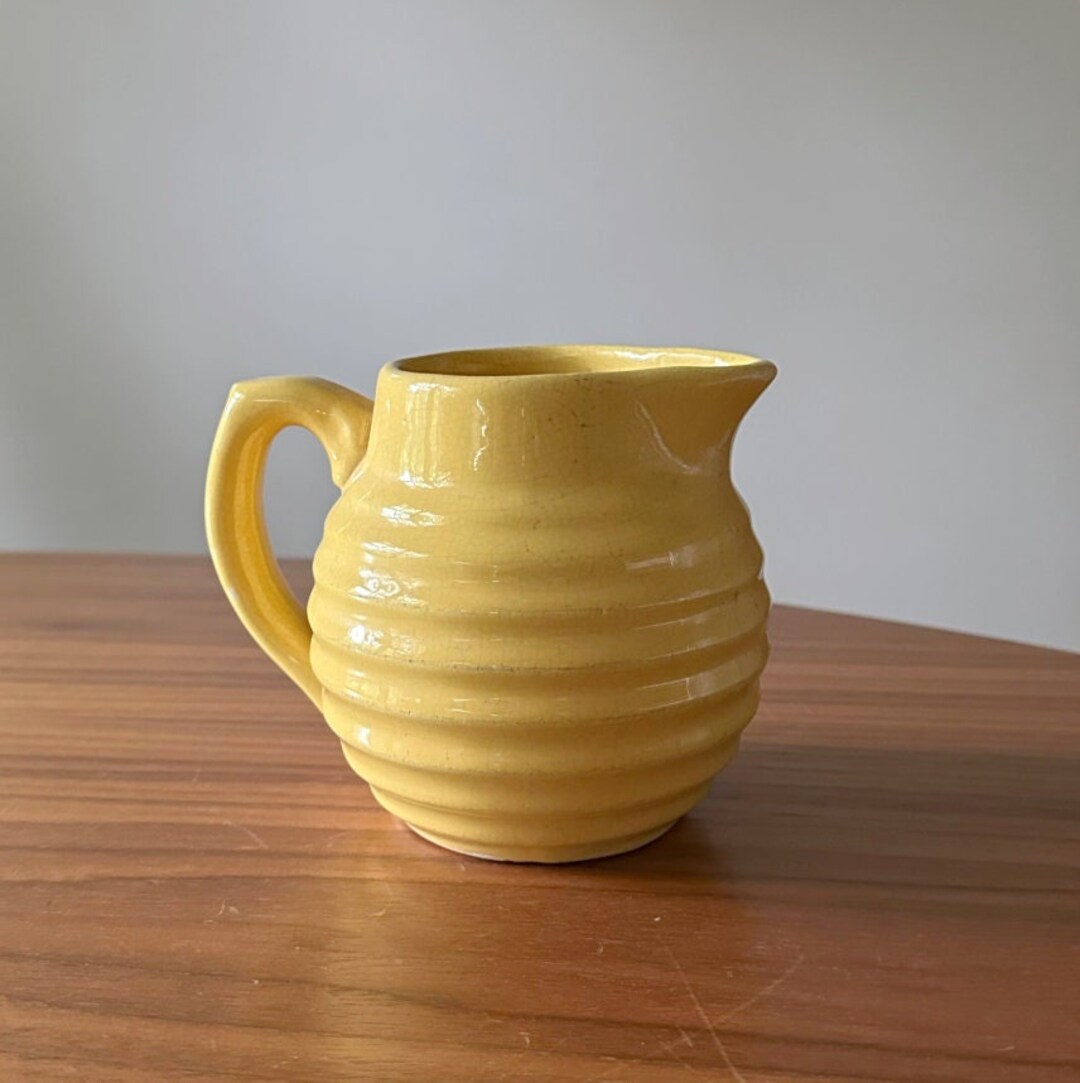 Vintage Yellow Mod Ceramic Pitcher, Yellow Ringware Pitcher, Floral