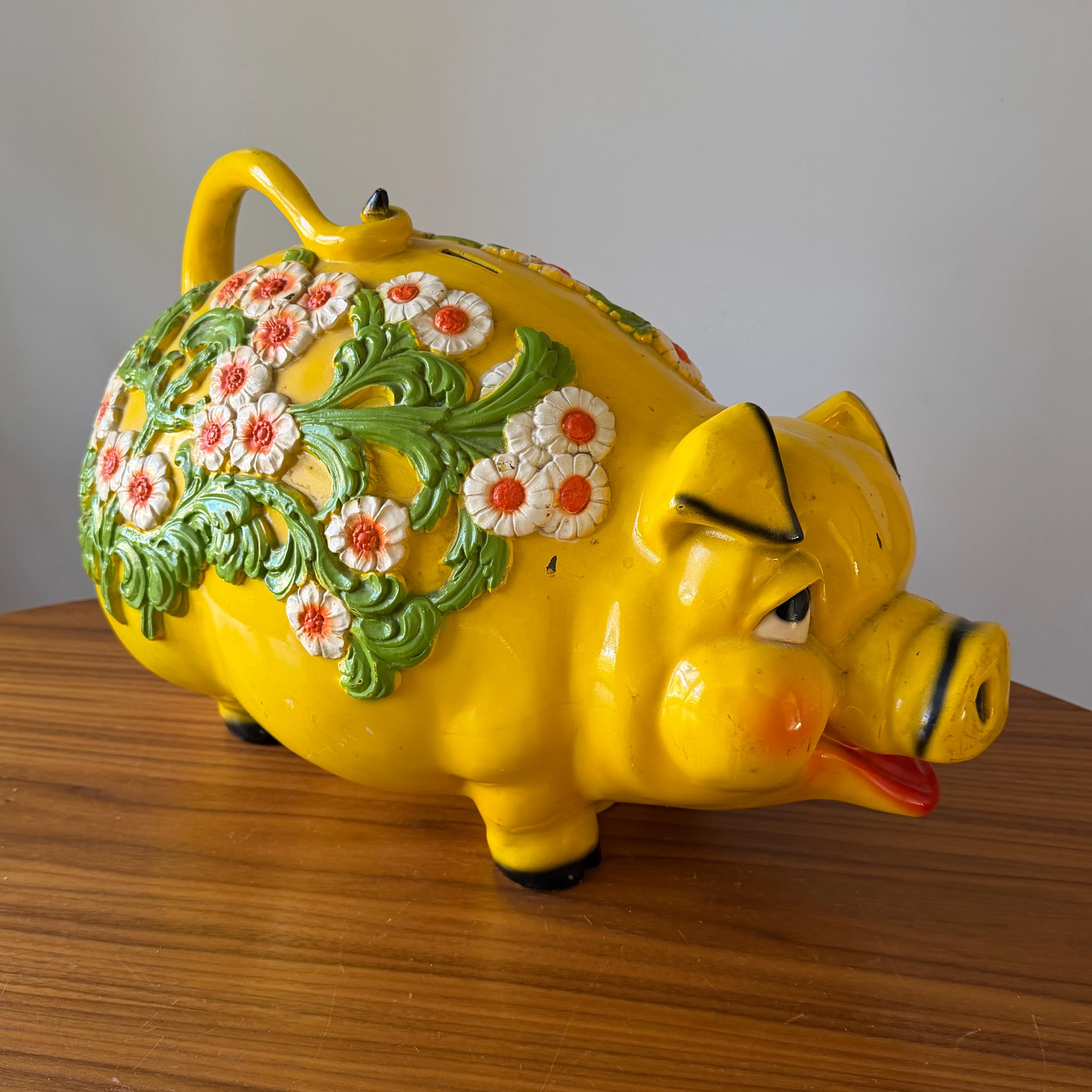 Vintage 1976 Yellow Floral Piggy Bank, Made by Universal Statuary