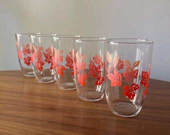 Vintage Mid-Century Orange Ombré Lead Glasses, Set of Five, Vintage Highball Tumbler Glasses, Vintage Leaf Glassware