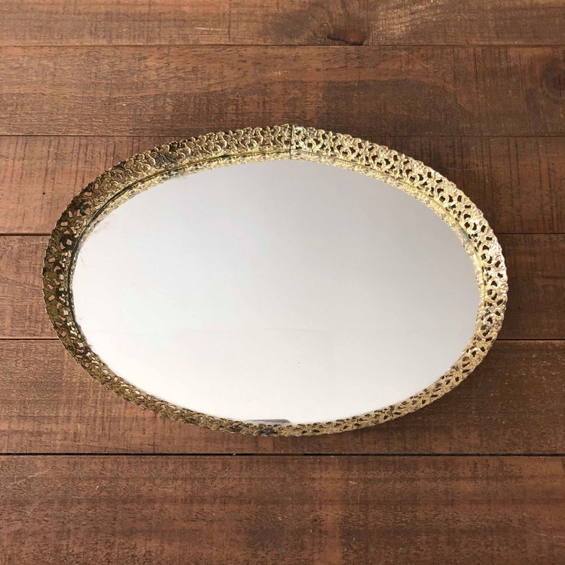 Vintage Oval Mirror Tray Gold Tone Filigree Vintage Mirror Etsy